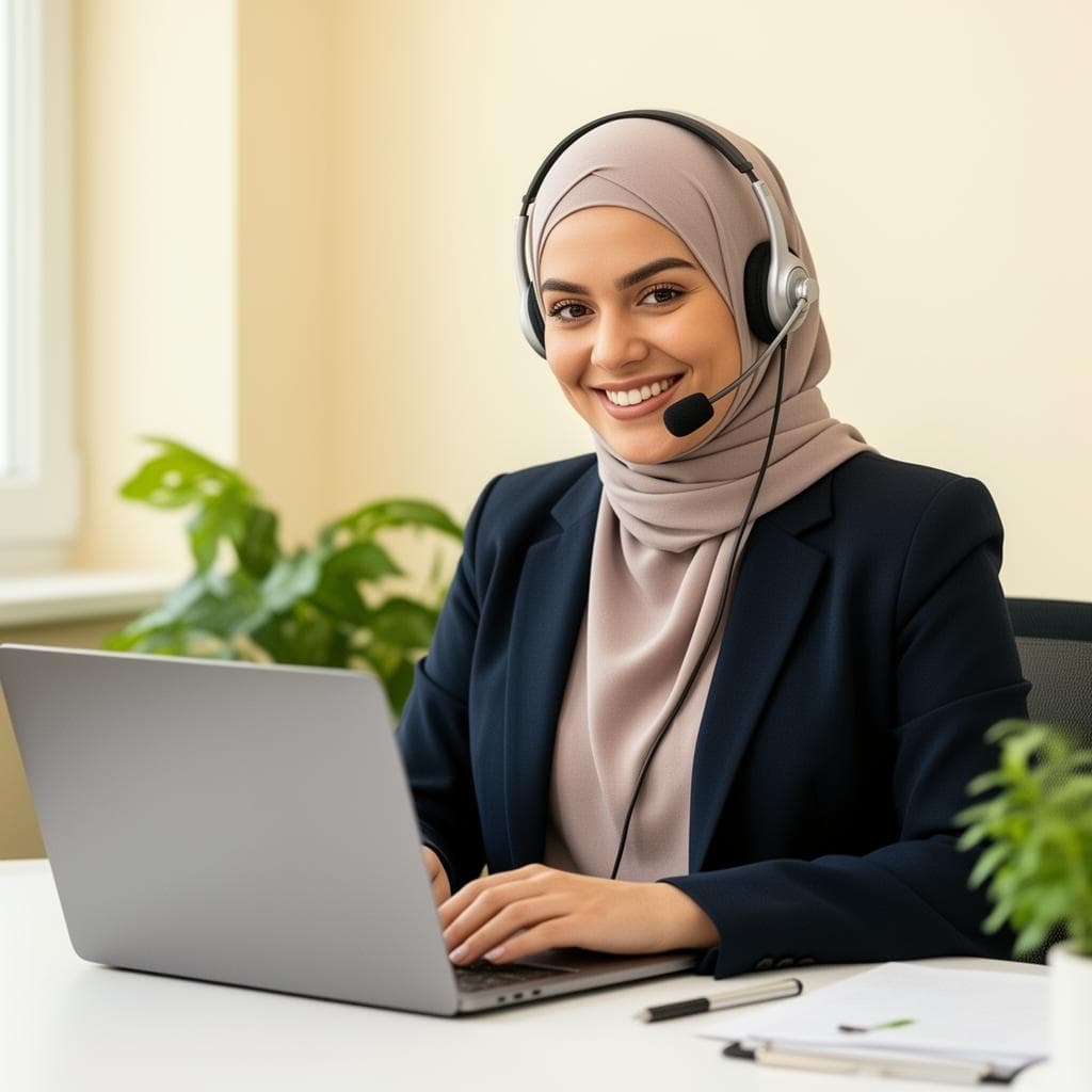 Female Islamic teacher delivering an online class